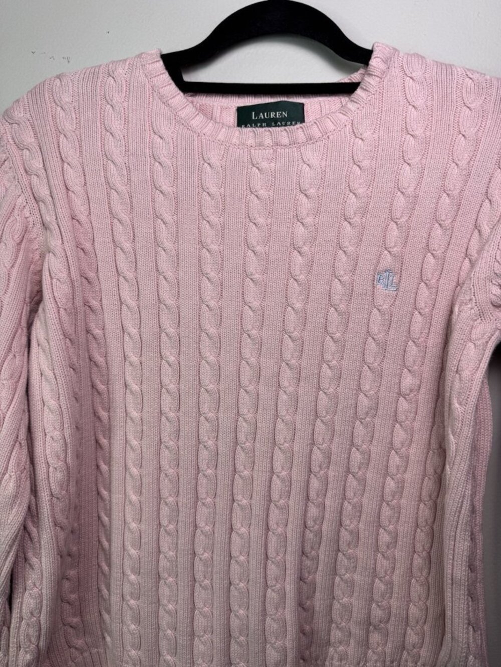 VTG Ralph Lauren Womens Cotton Cable Knit Crew Neck Sweater RLL Logo Pink L - Picture 2 of 14